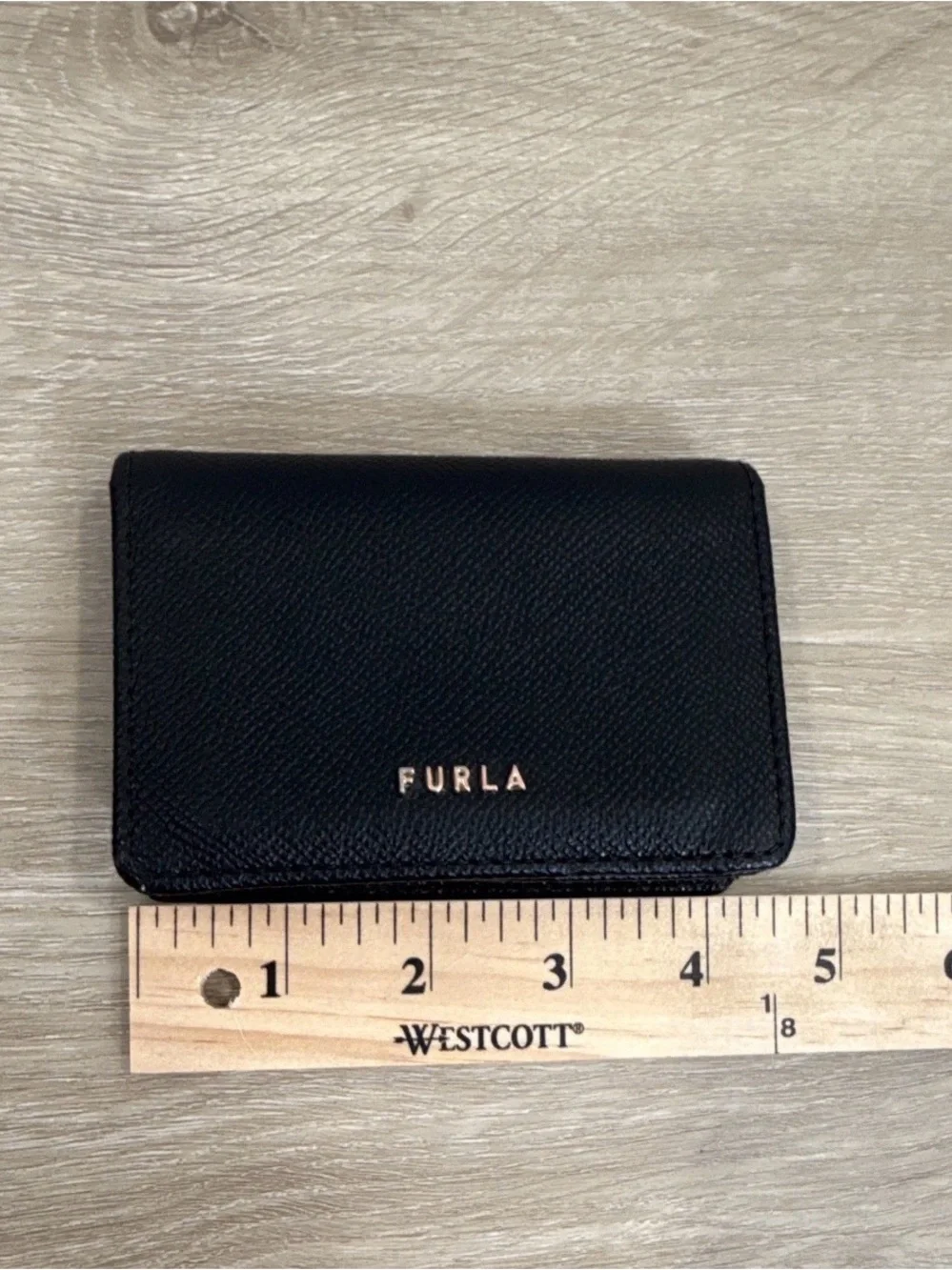 Furla Black Leather Trifold Wallet with Gold Logo